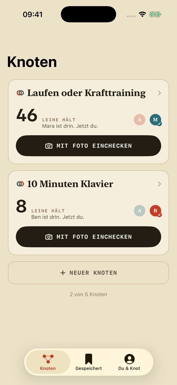 Knot-App: Liste mit zwei Knoten, Laufen mit 46 Tagen und Klavier mit 8 Tagen