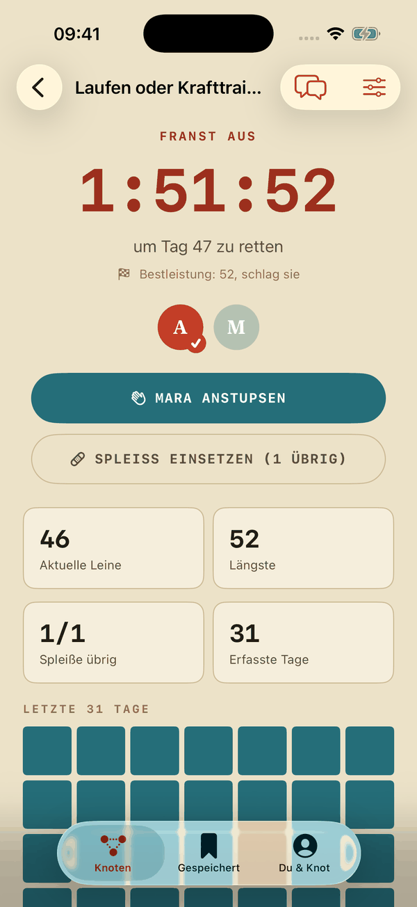Knot-App: Der Knoten franst aus, ein roter Countdown zählt den Puffer herunter, darunter Anstupsen und Spleiß einsetzen